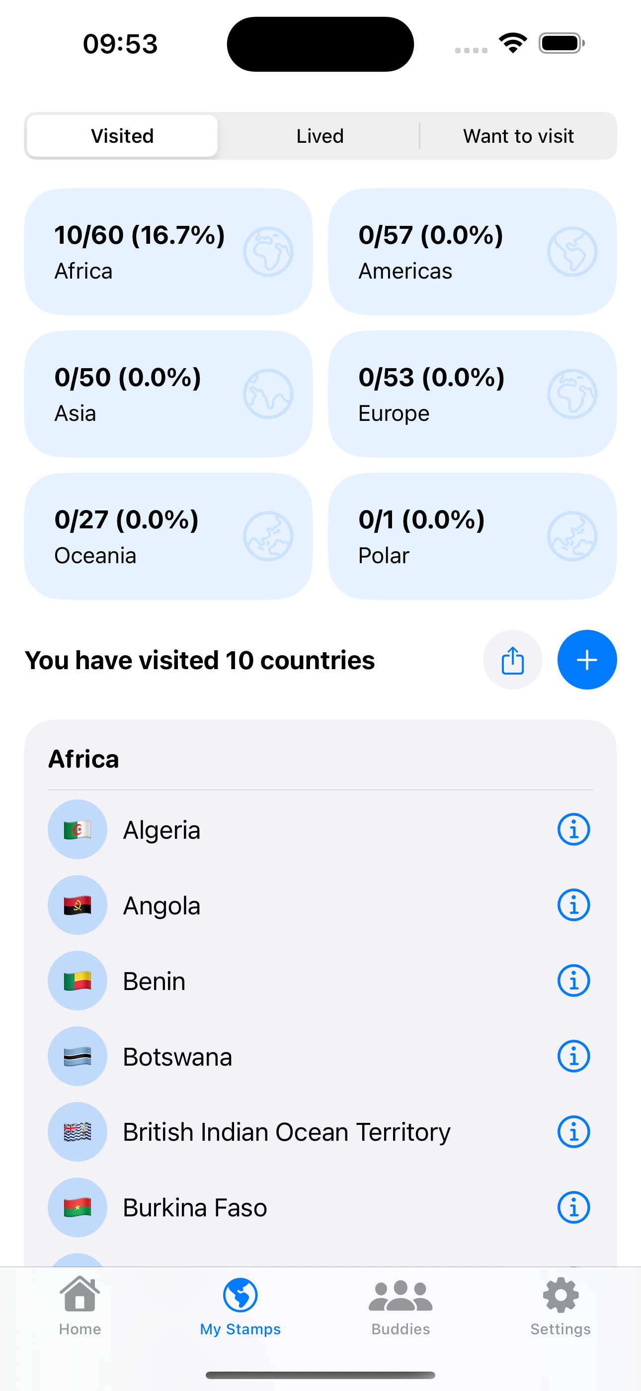 Travu app screenshot showing a list of visited countries and cities.