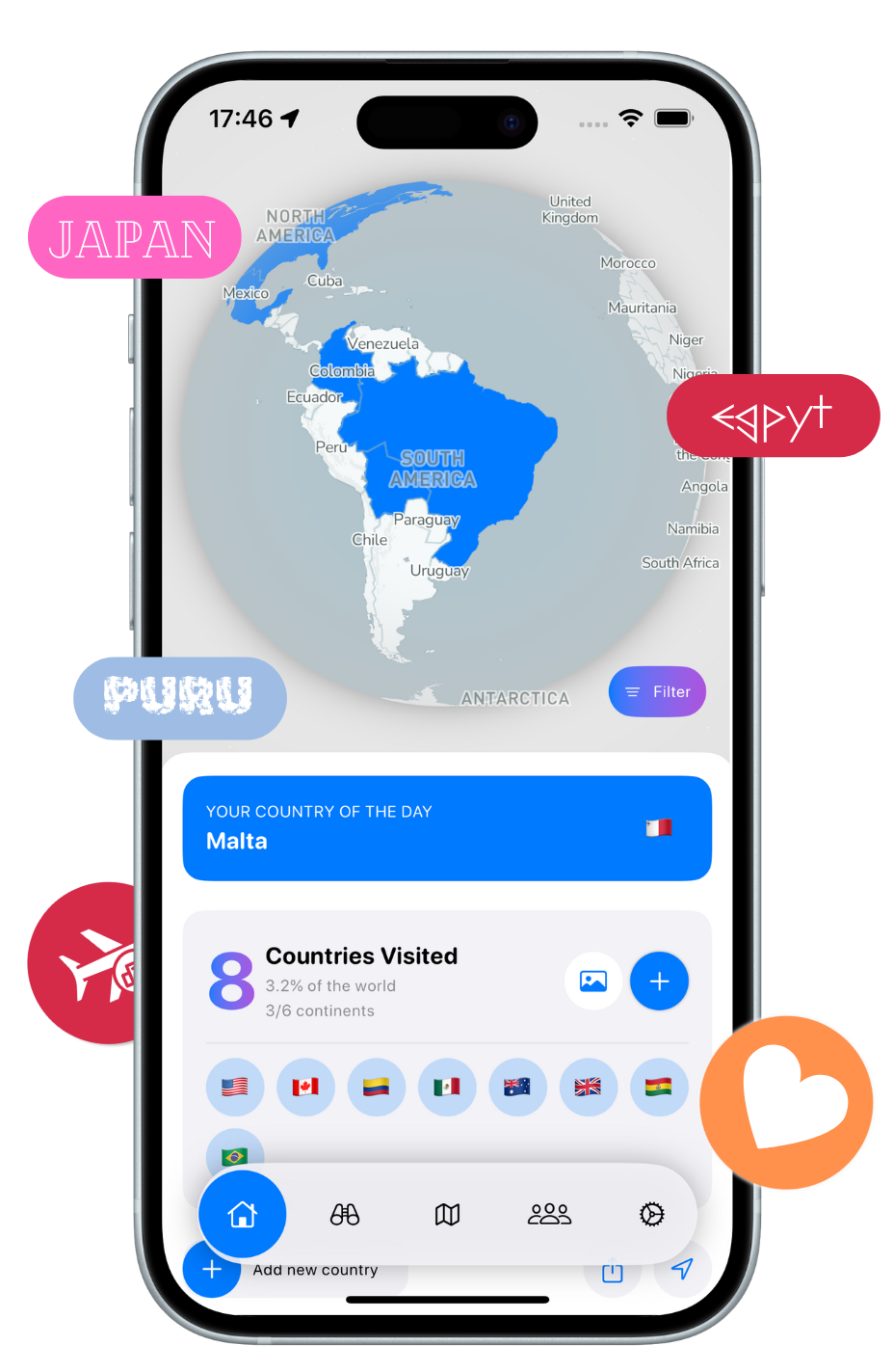 Travu app interface showing world map and countries visited